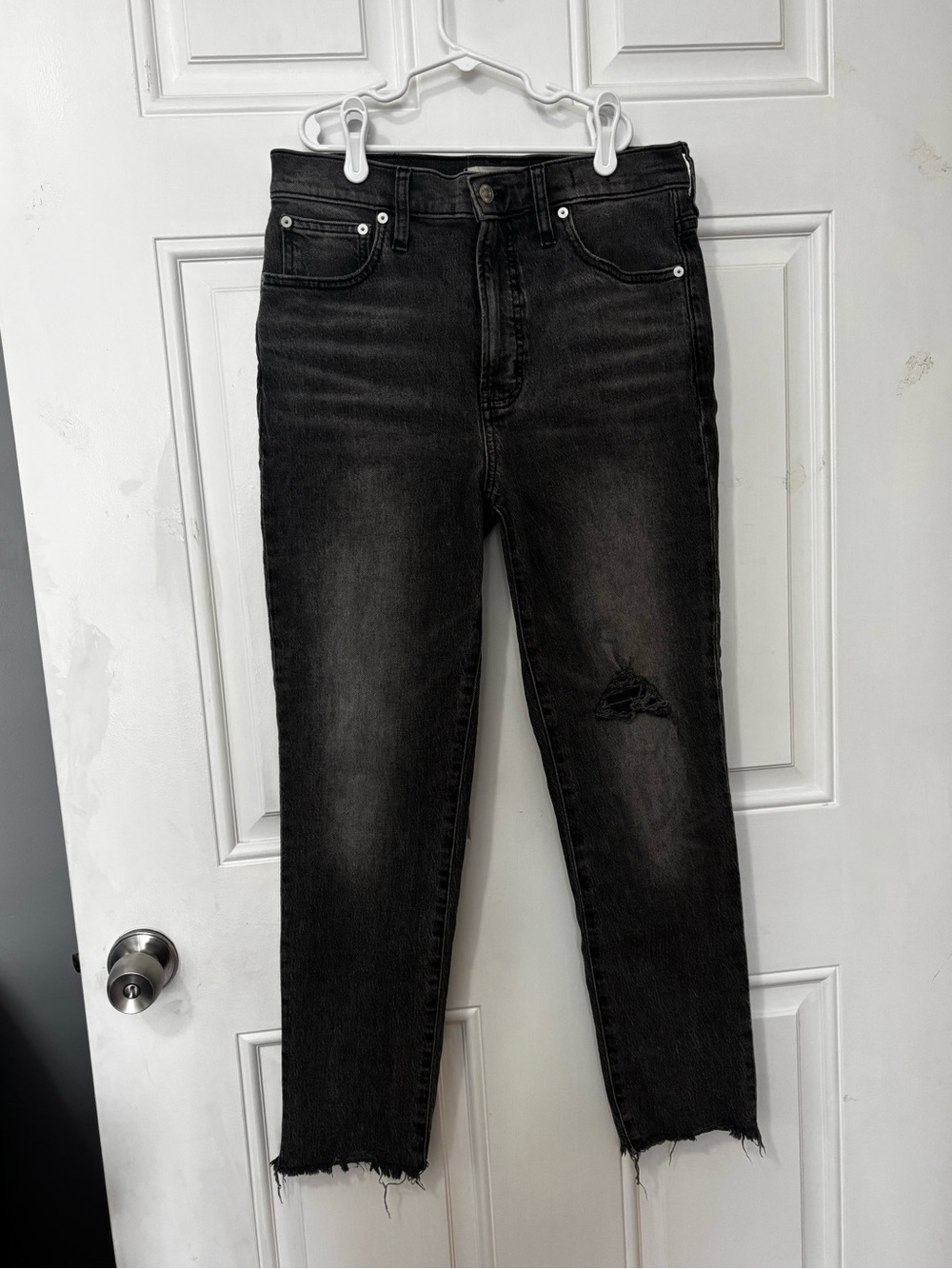 Madewell perfect vintage Jean 27 cosner wash knee rip straight leg grey denim